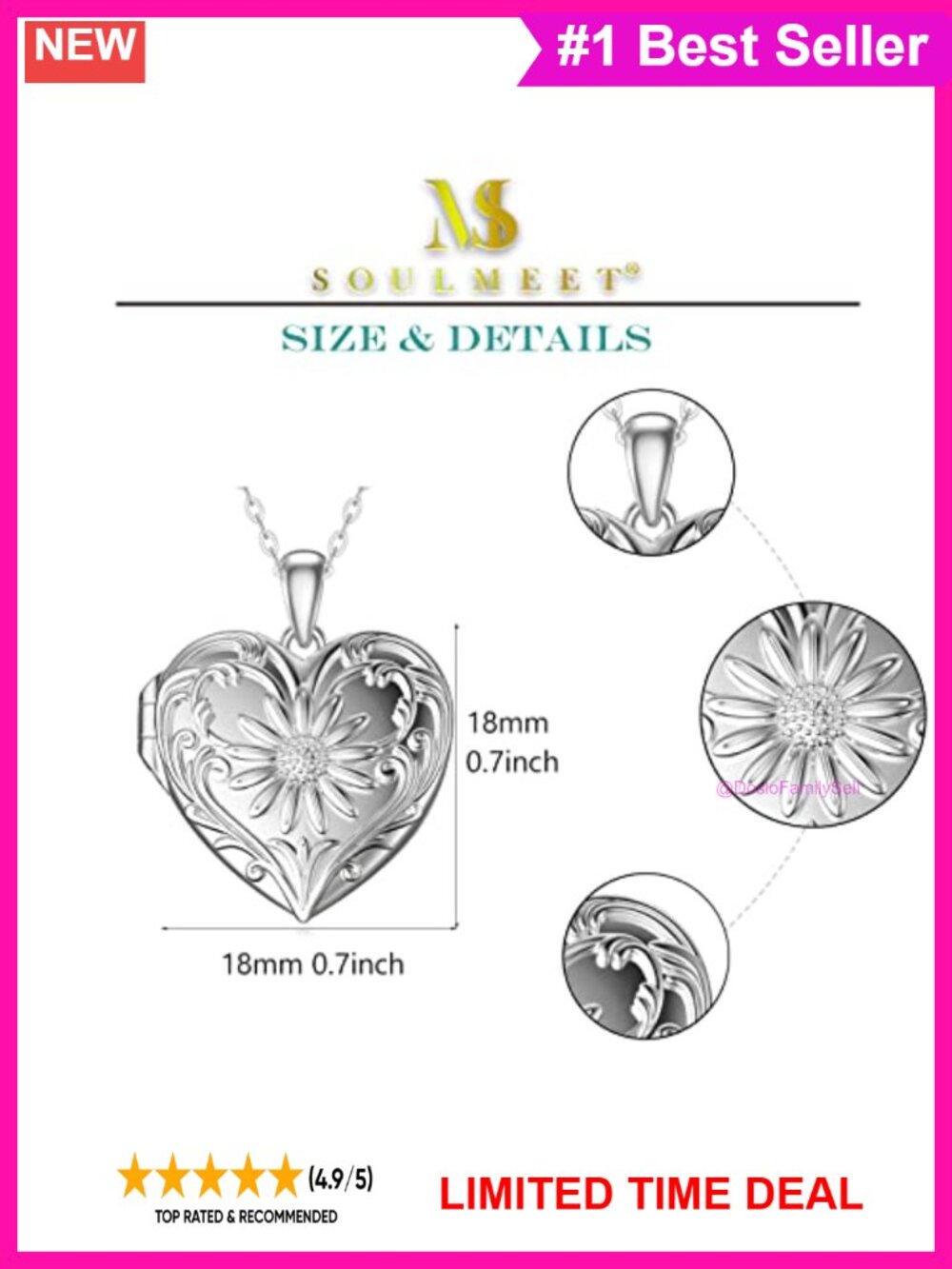Sunflower Photo Locket Necklace 18k White Gold Plated Silver 10K Chain - Picture 4 of 6